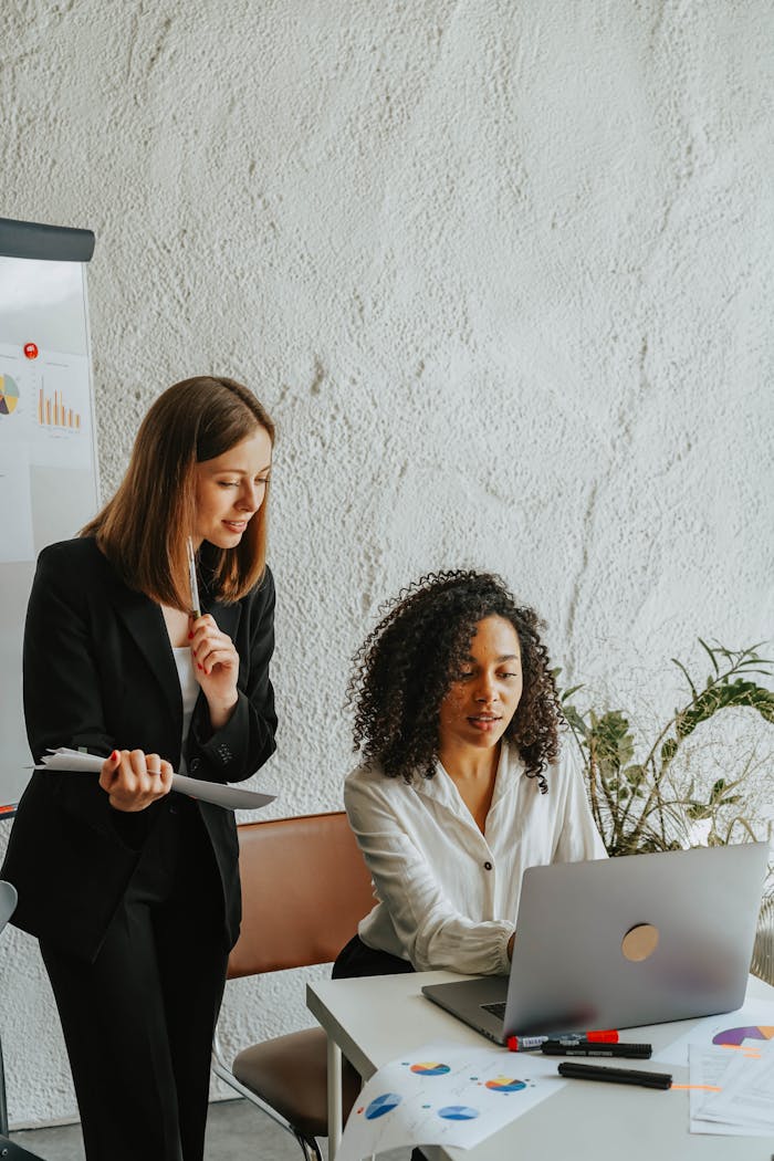 Two businesswomen sharing ideas on a project, working together on a laptop in a modern office setting.